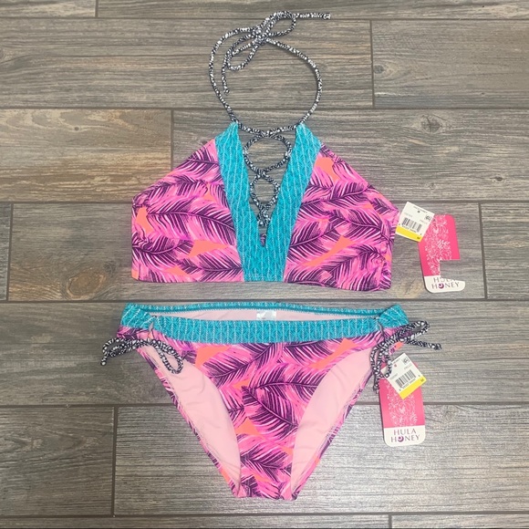 Small NWT Hula Honey Leaf Breeze Bikini Top & Bottoms Lace Up Front High Neck - Picture 4 of 13